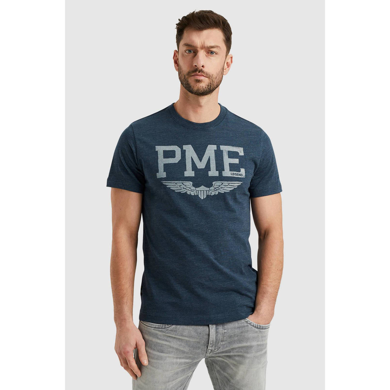 PME Legend regular fit T-shirt met printopdruk blauw