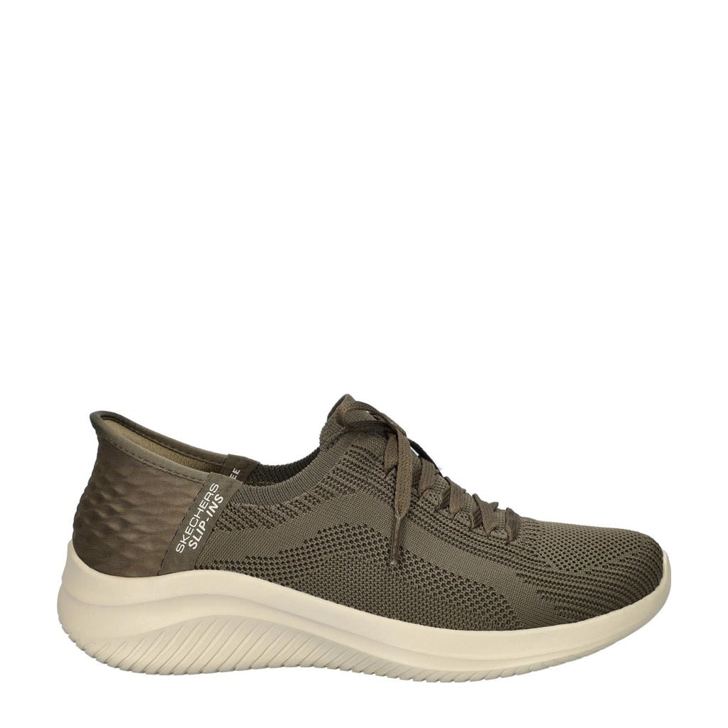 Bruin en kakikleurige dames Skechers Ultra Flex 3.0 van textiel met veters en effen
