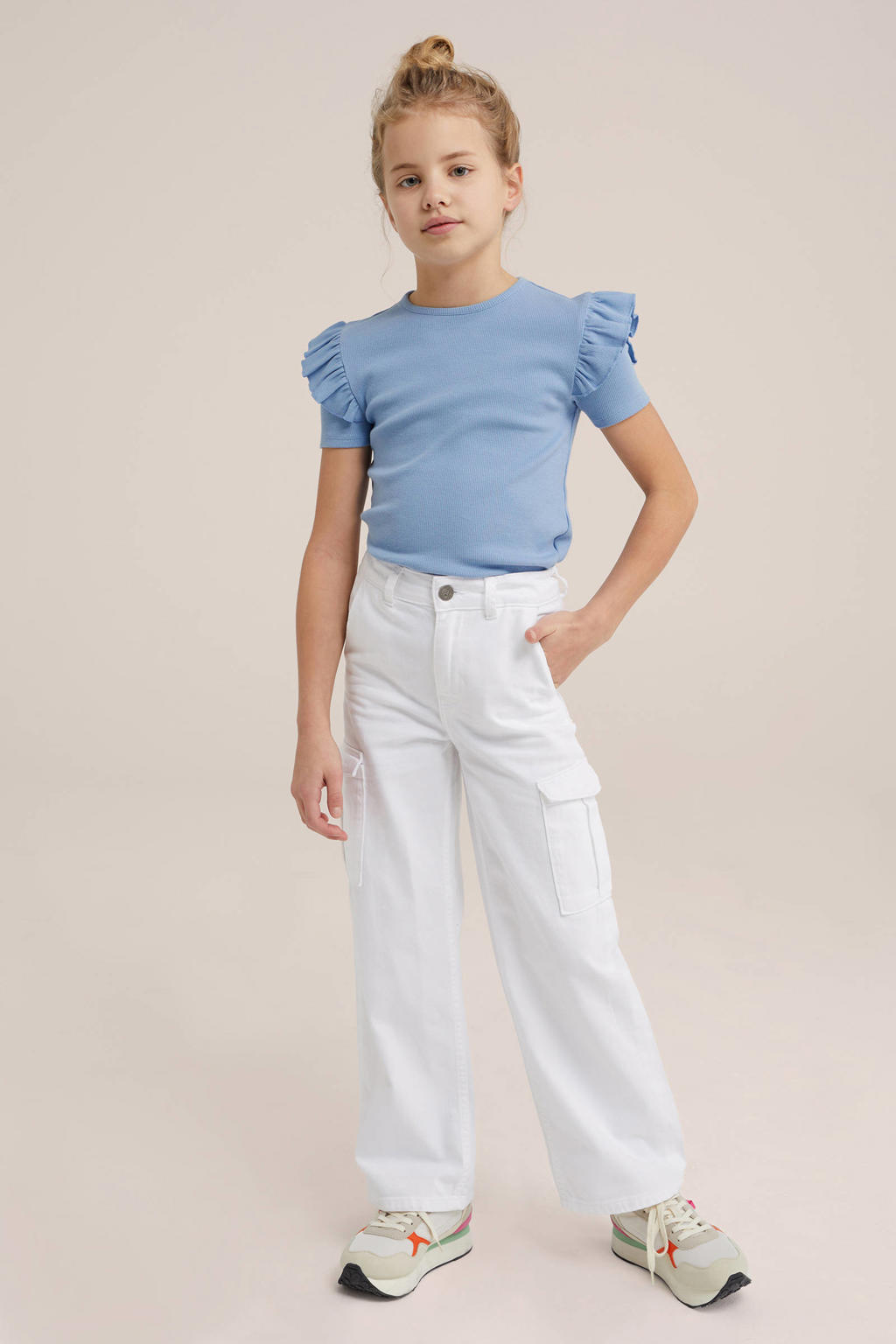 Blauwe meisjes WE Fashion T-shirt van stretchkatoen met effen, korte mouwen, ronde hals en ruches
