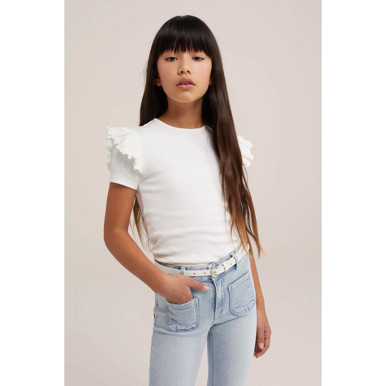WE Fashion T-shirt met ruches wit Meisjes Stretchkatoen Ronde hals Effen 110 116