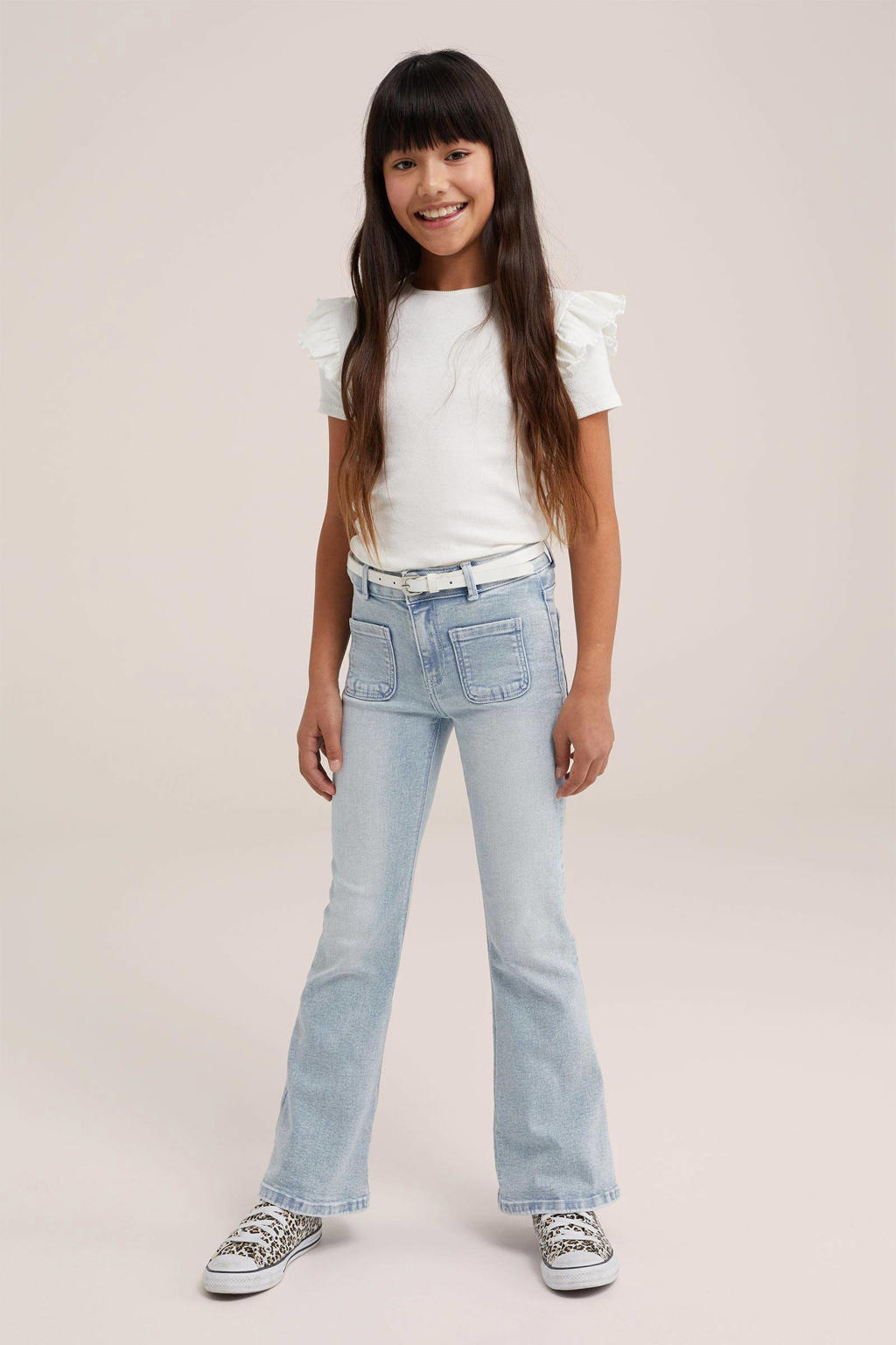 Witte meisjes WE Fashion T-shirt van stretchkatoen met effen, korte mouwen, ronde hals en ruches