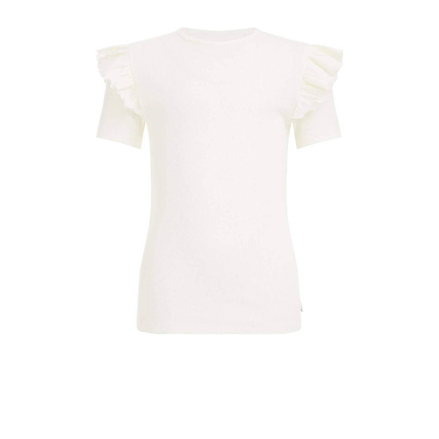 WE Fashion T-shirt met ruches wit Meisjes Stretchkatoen Ronde hals Effen 110 116