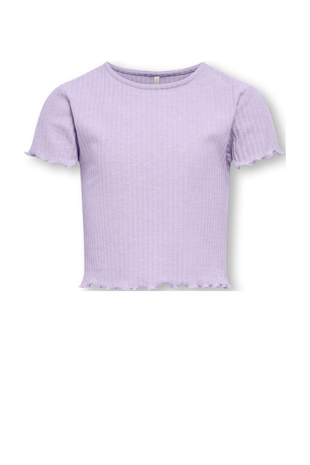 Lilakleurige meisjes KIDS ONLY GIRL ribgebreid T-shirt met effen, korte mouwen en ronde hals