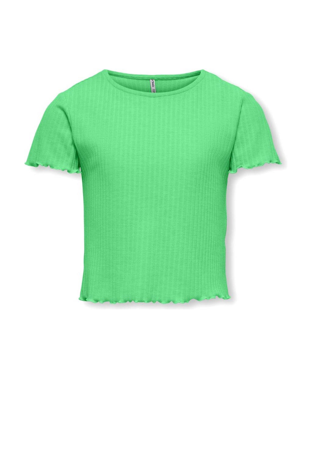 Groene meisjes KIDS ONLY GIRL ribgebreid T-shirt van polyester met effen, korte mouwen en ronde hals