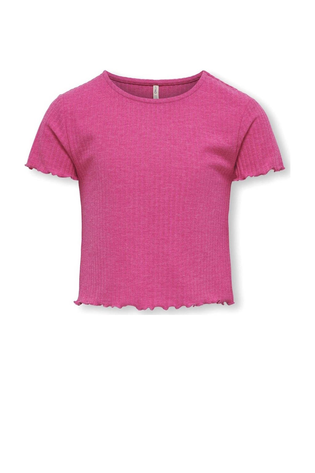 Roze meisjes KIDS ONLY GIRL ribgebreid T-shirt van polyester met effen, korte mouwen en ronde hals