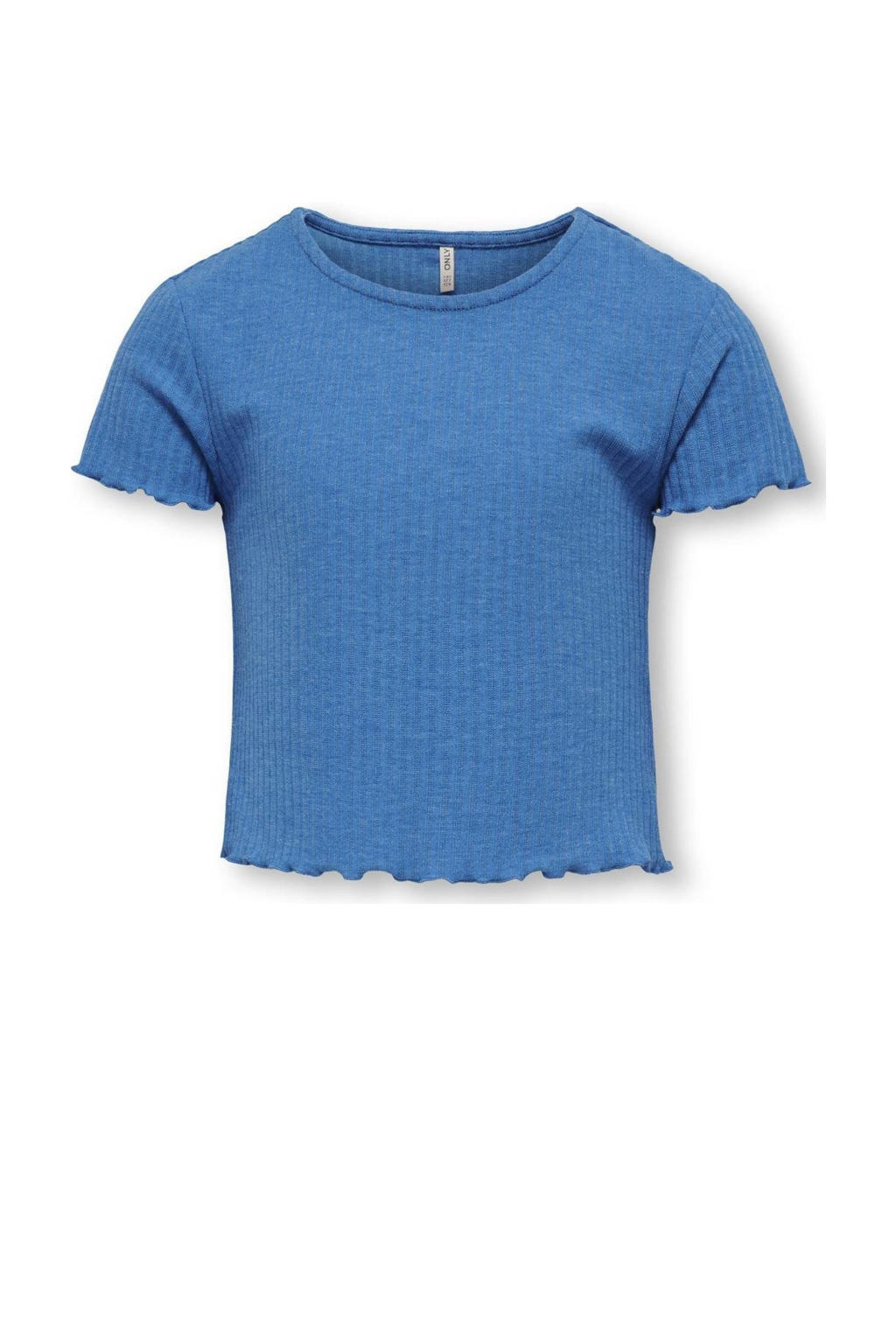 Blauwe meisjes KIDS ONLY GIRL ribgebreid T-shirt met effen, korte mouwen en ronde hals