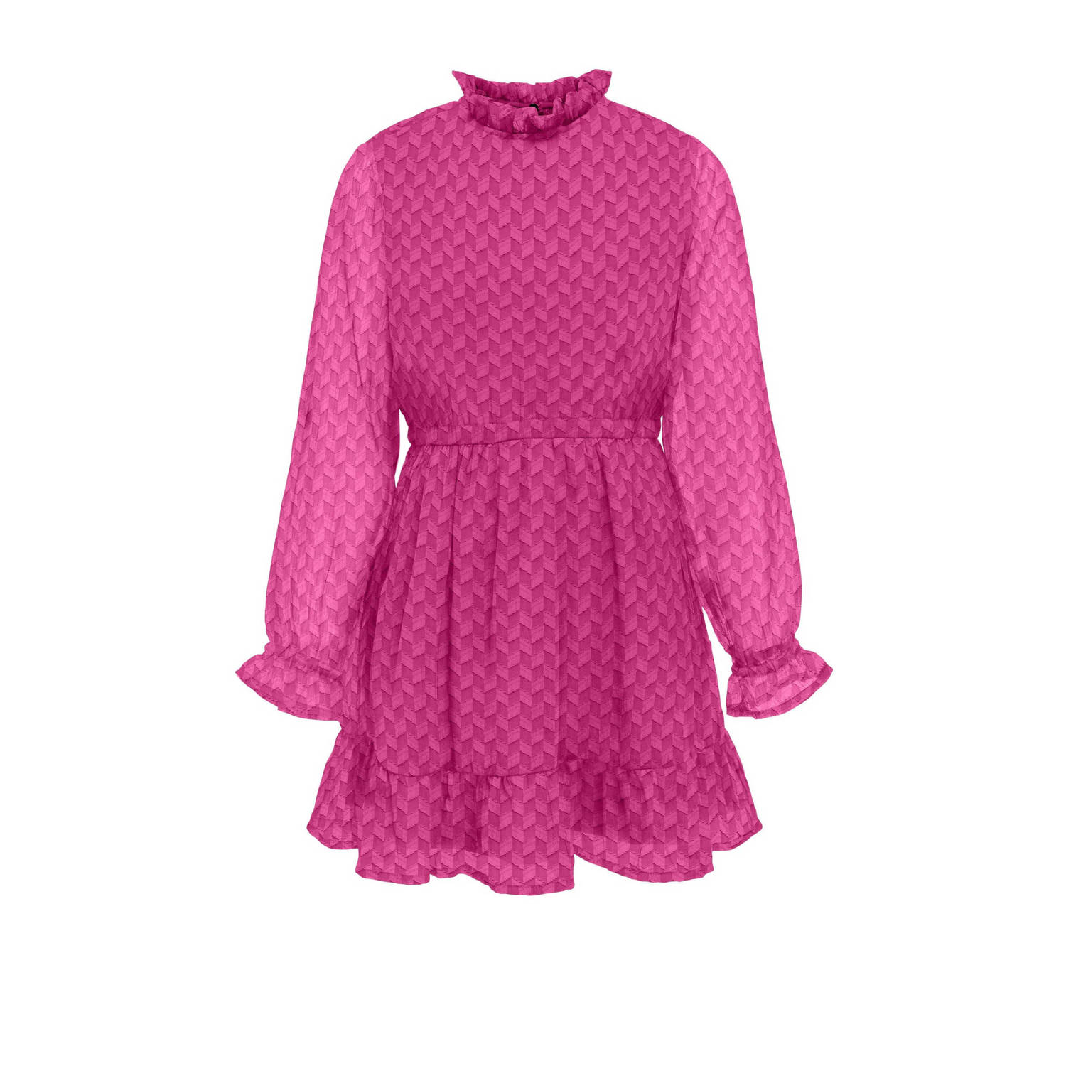 Only KIDS GIRL semi-transparante jurk KOGEMMERY met all over print en ruches fuchsia Roze Meisjes Polyester Opstaande kraag 128