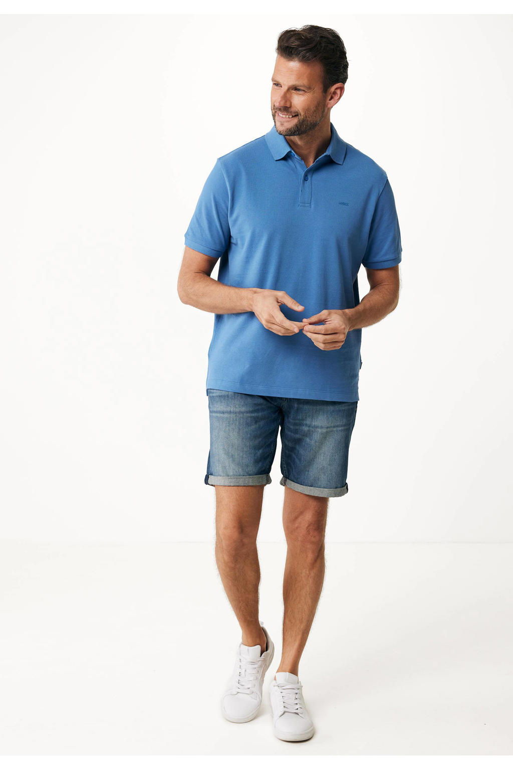 Blauwe heren Mexx regular fit polo patroon met logo dessin, korte mouwen, klassieke kraag en knoopsluiting