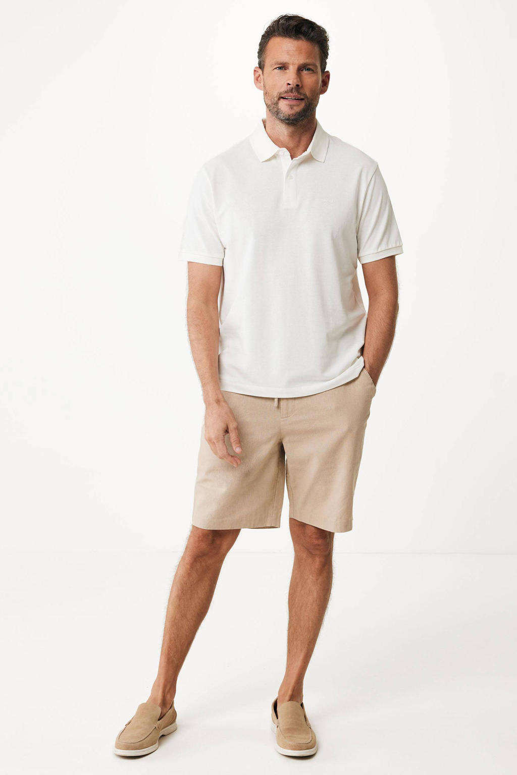 Witte heren Mexx regular fit polo patroon met logo dessin, korte mouwen, klassieke kraag en knoopsluiting