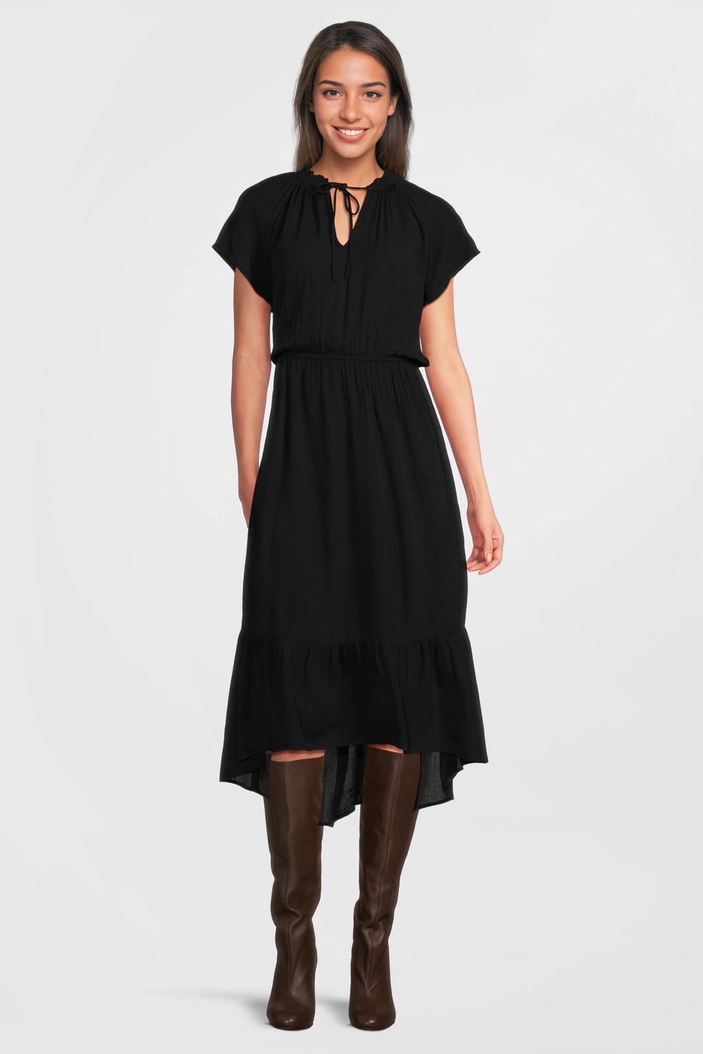 Zwarte dames Imagine crinkle jurk van viscose met effen, korte mouwen en V-hals