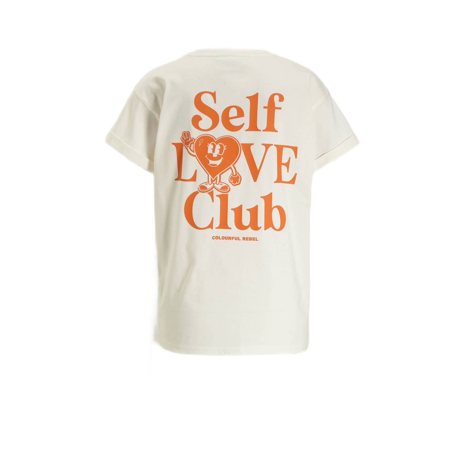 Colourful Rebel T-shirt Self Love Club met backprint ecru oranje