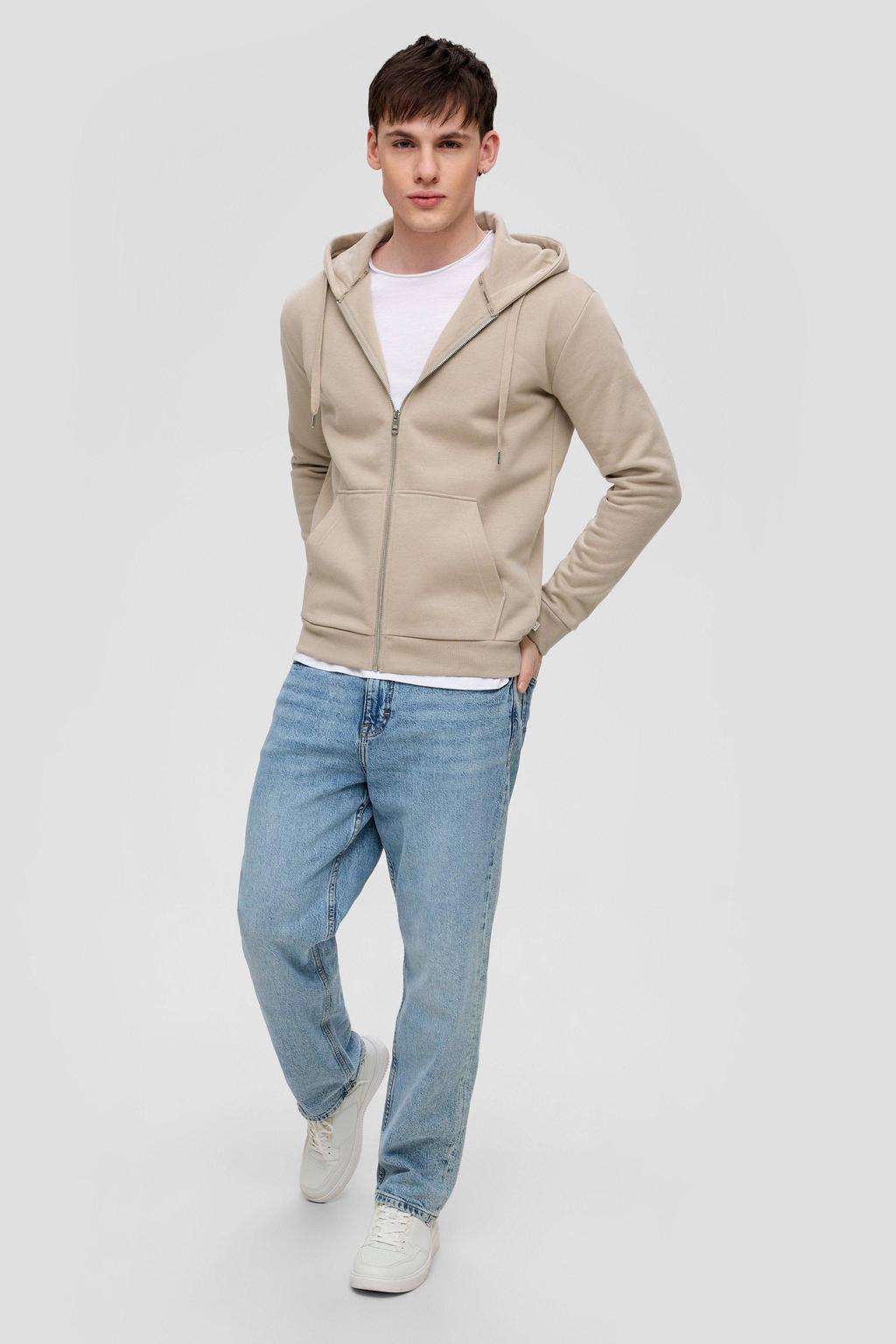 Beige heren QS sweatvest van katoen met effen, lange mouwen, capuchon en ritssluiting