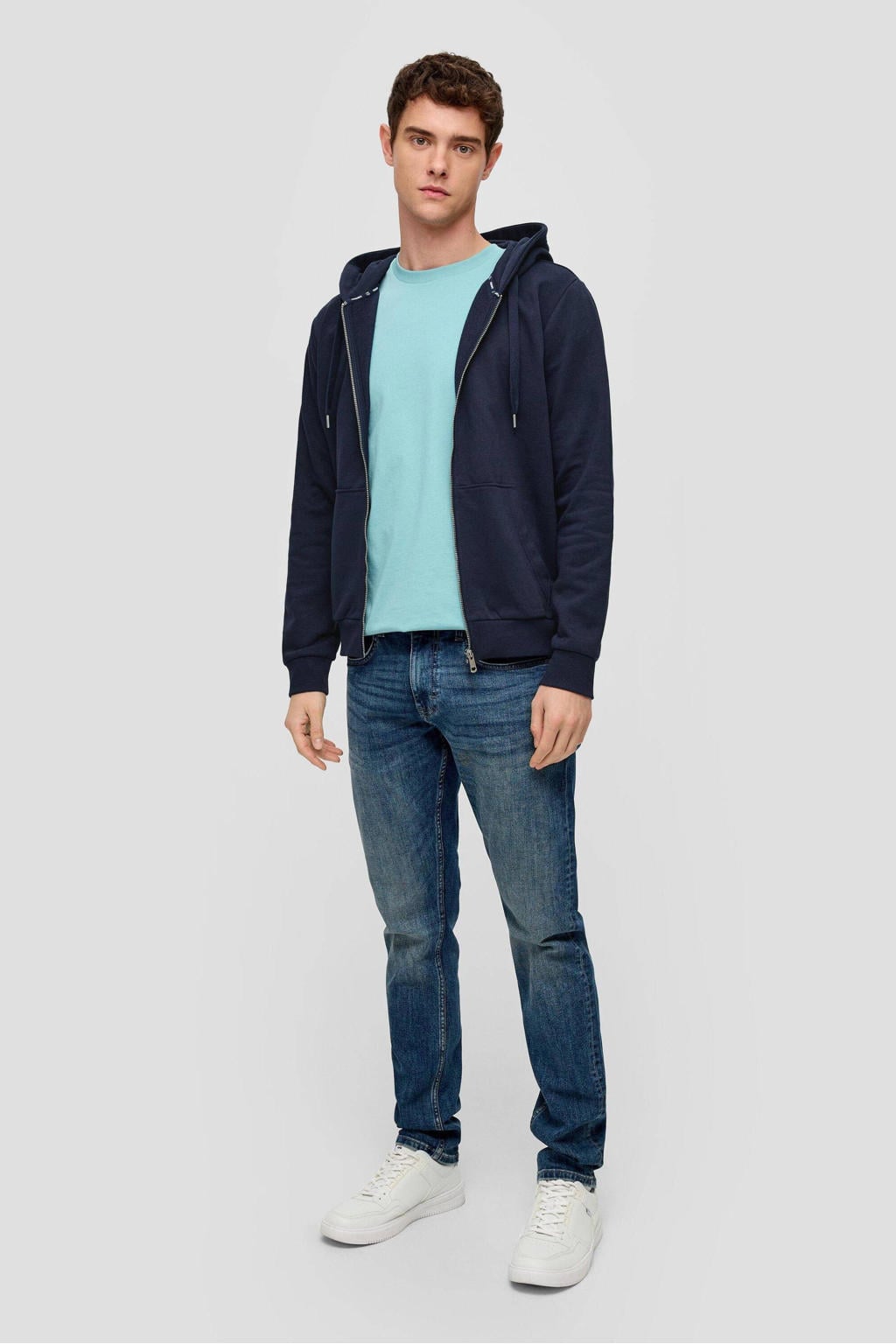 Marineblauw heren QS sweatvest blauw van katoen met effen, lange mouwen, capuchon en ritssluiting
