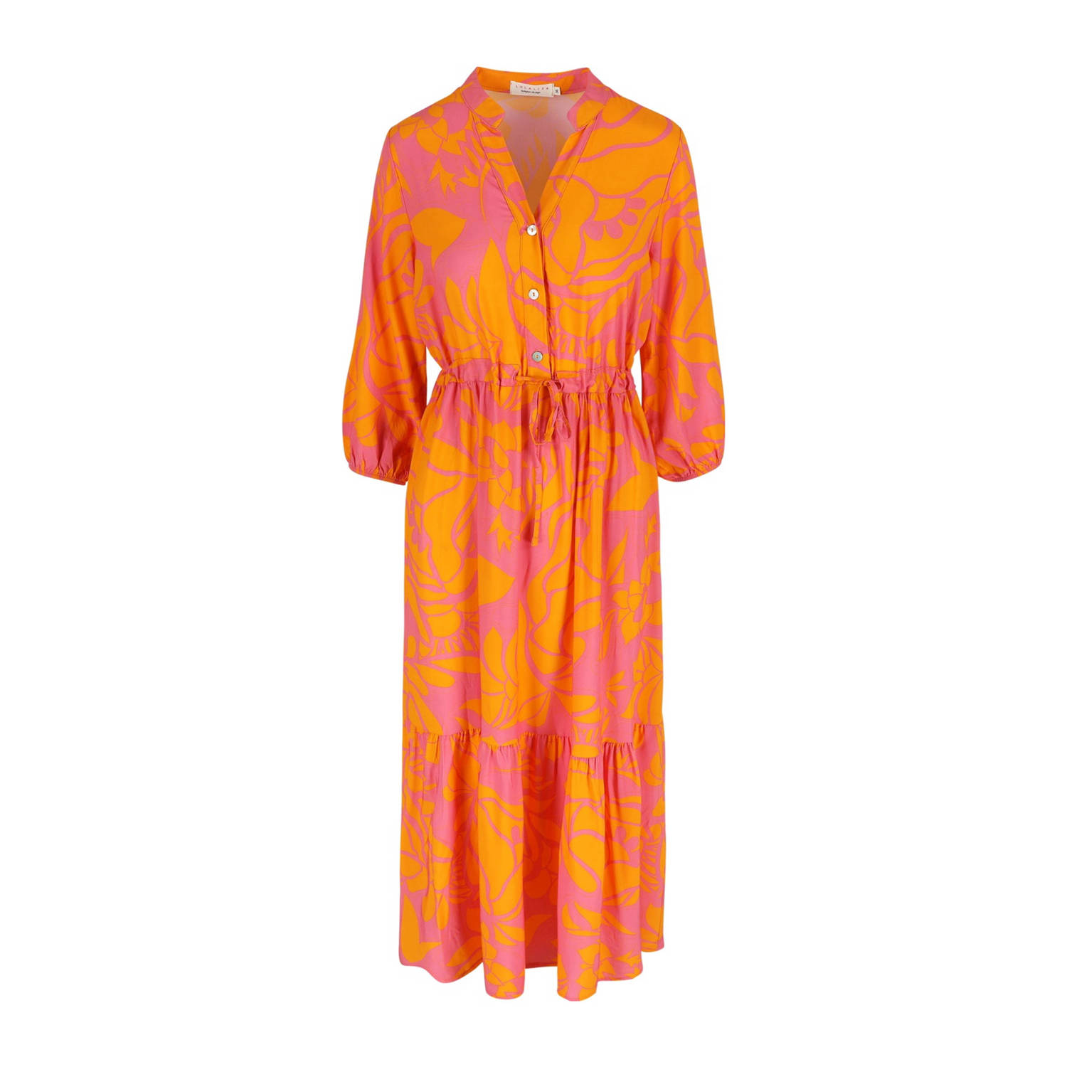 LOLALIZA jurk met all over print en volant fuchsia oranje