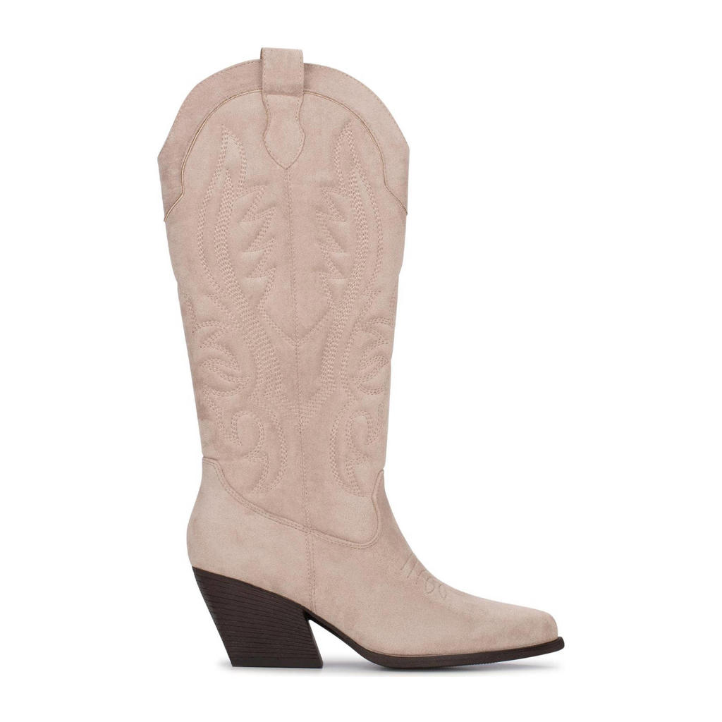 Beige dames POSH by Poelman Jill cowboylaarzen van imitatie sude met western hak, ritssluiting en effen