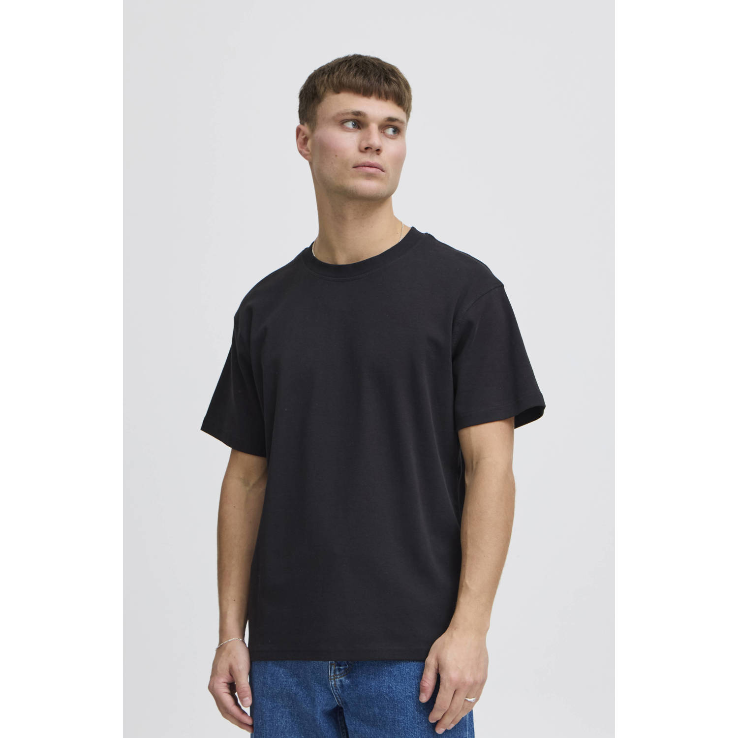 Solid gemeleerd regular fit T-shirt zwart