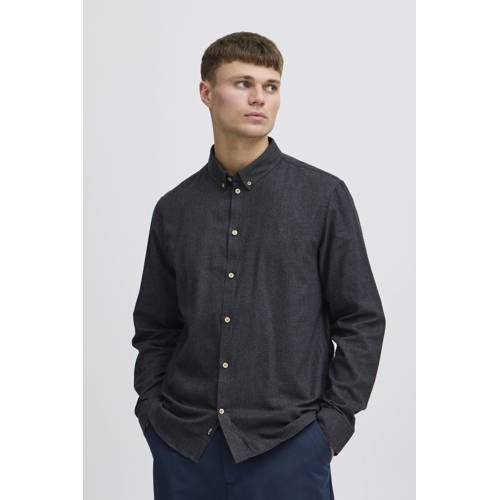 Solid gemêleerd regular fit overhemd zwart afbeelding