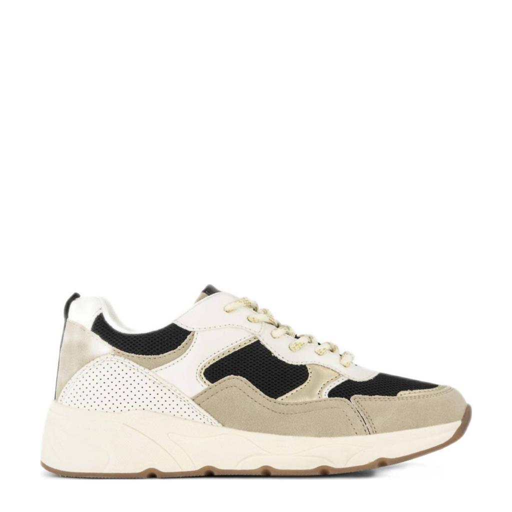 Zwart en beige dames Graceland chunky sneakers van mesh/imitatie leer/rubber met veters