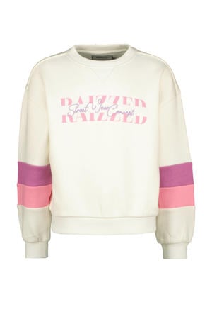 sweater Fie met tekst wit/paars/roze