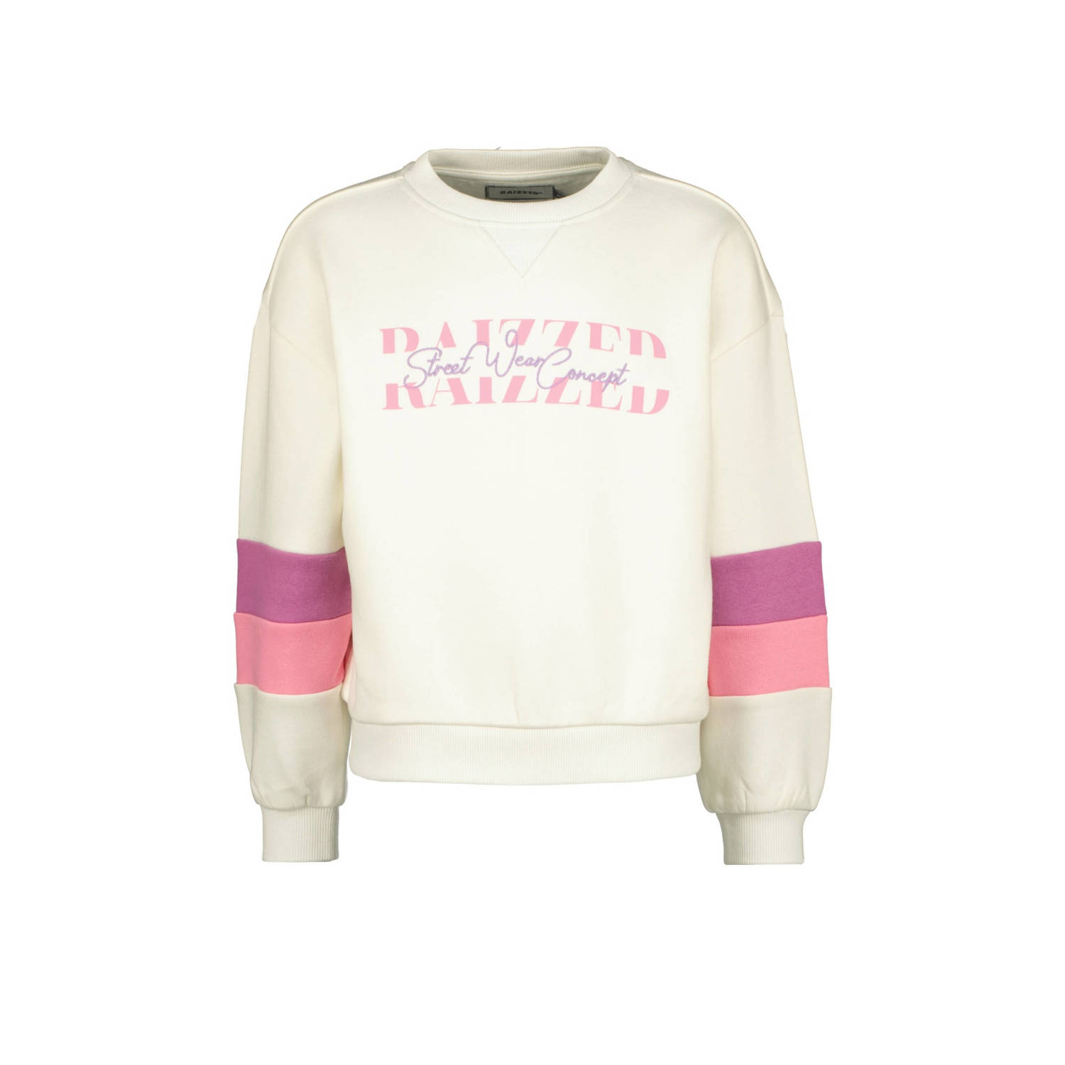 Raizzed sweater Fie met tekst wit paars roze