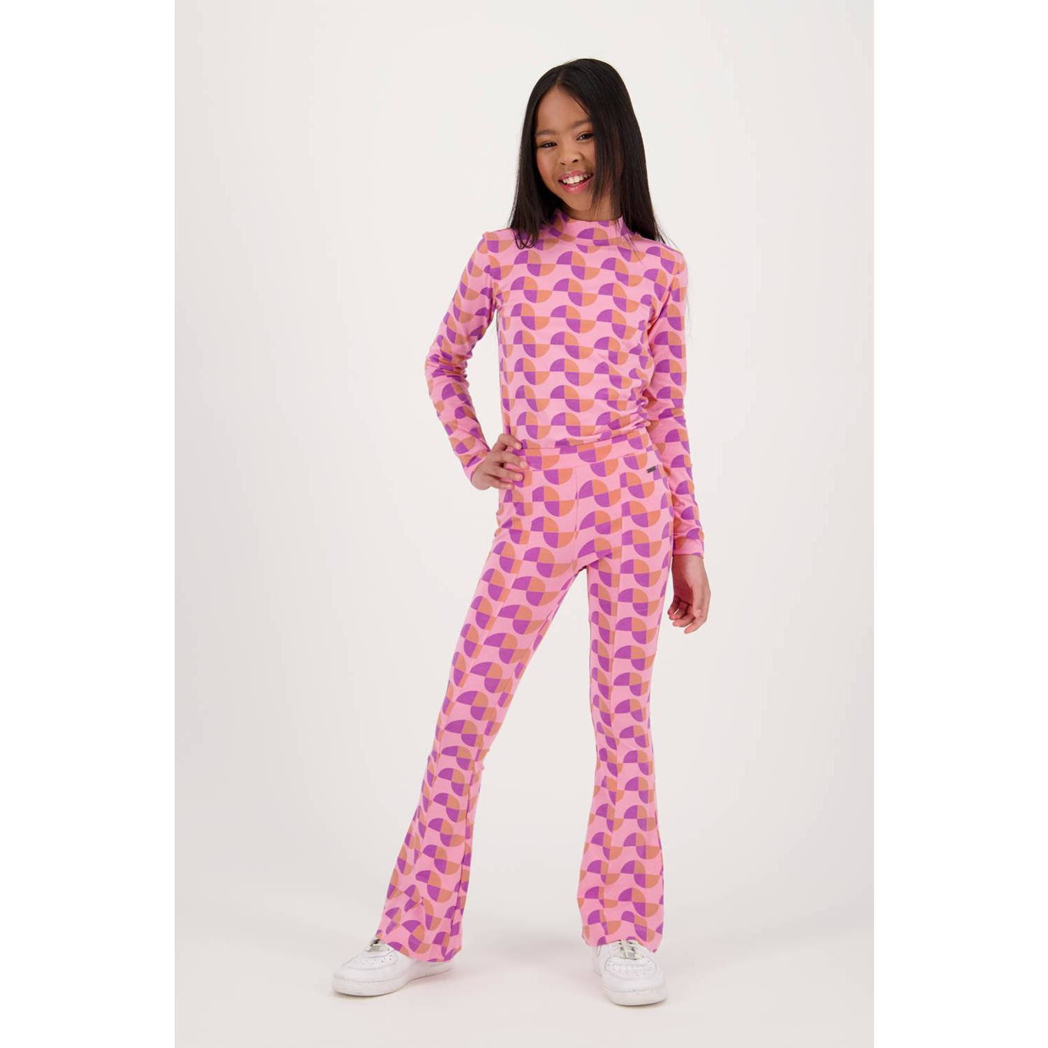 Raizzed flared broek Rae met all over print roze paars oranje Meisjes Stretchkatoen 164