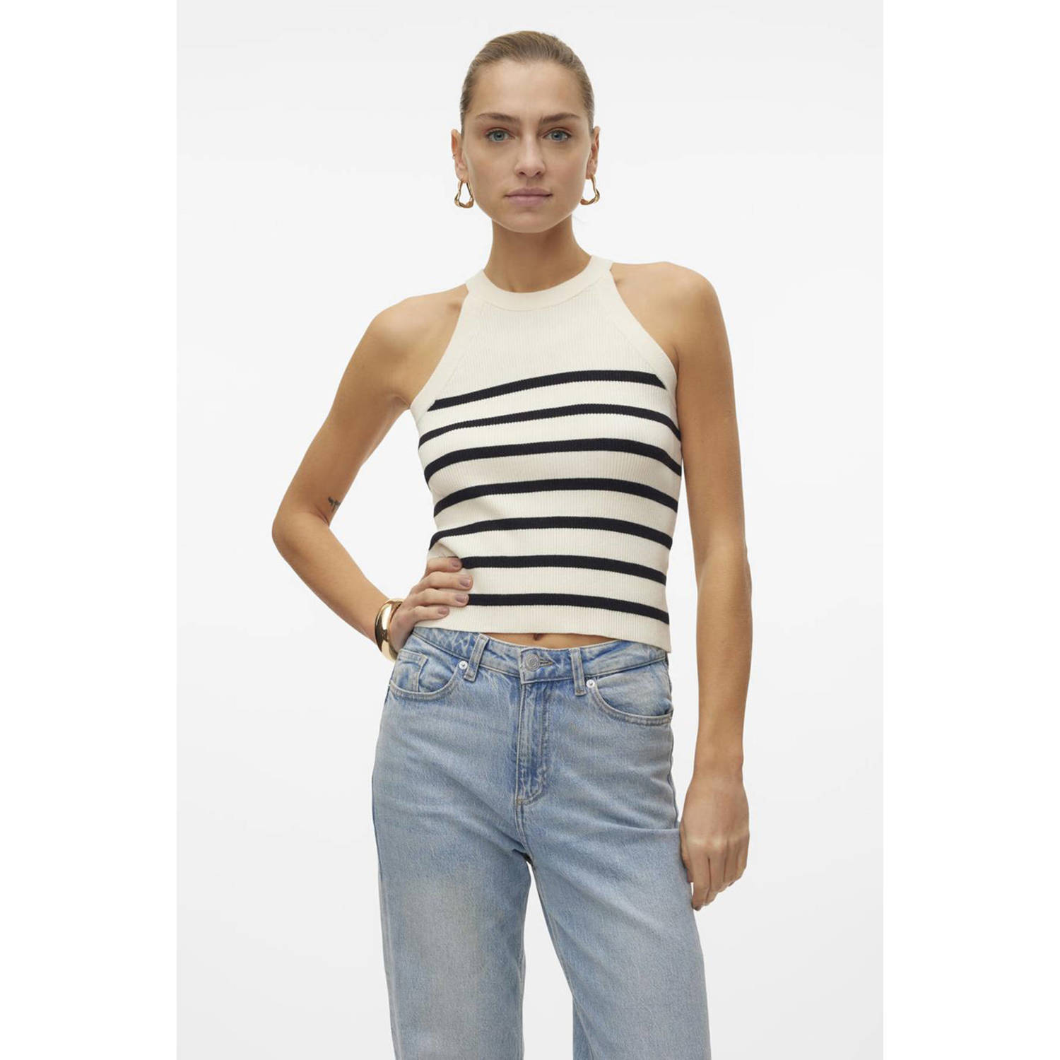 VERO MODA gestreepte gebreide haltertop VMSABA creme zwart