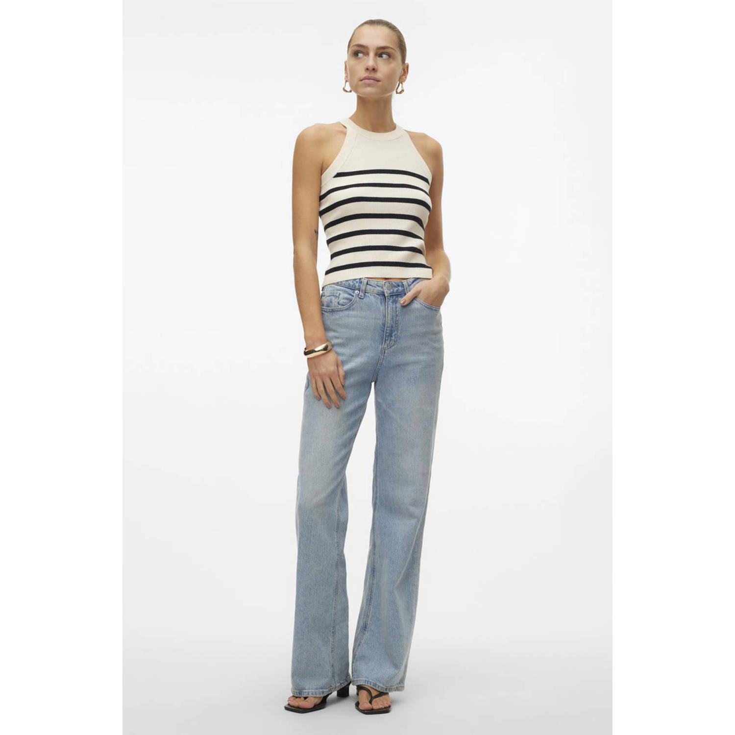 VERO MODA gestreepte gebreide haltertop VMSABA creme zwart