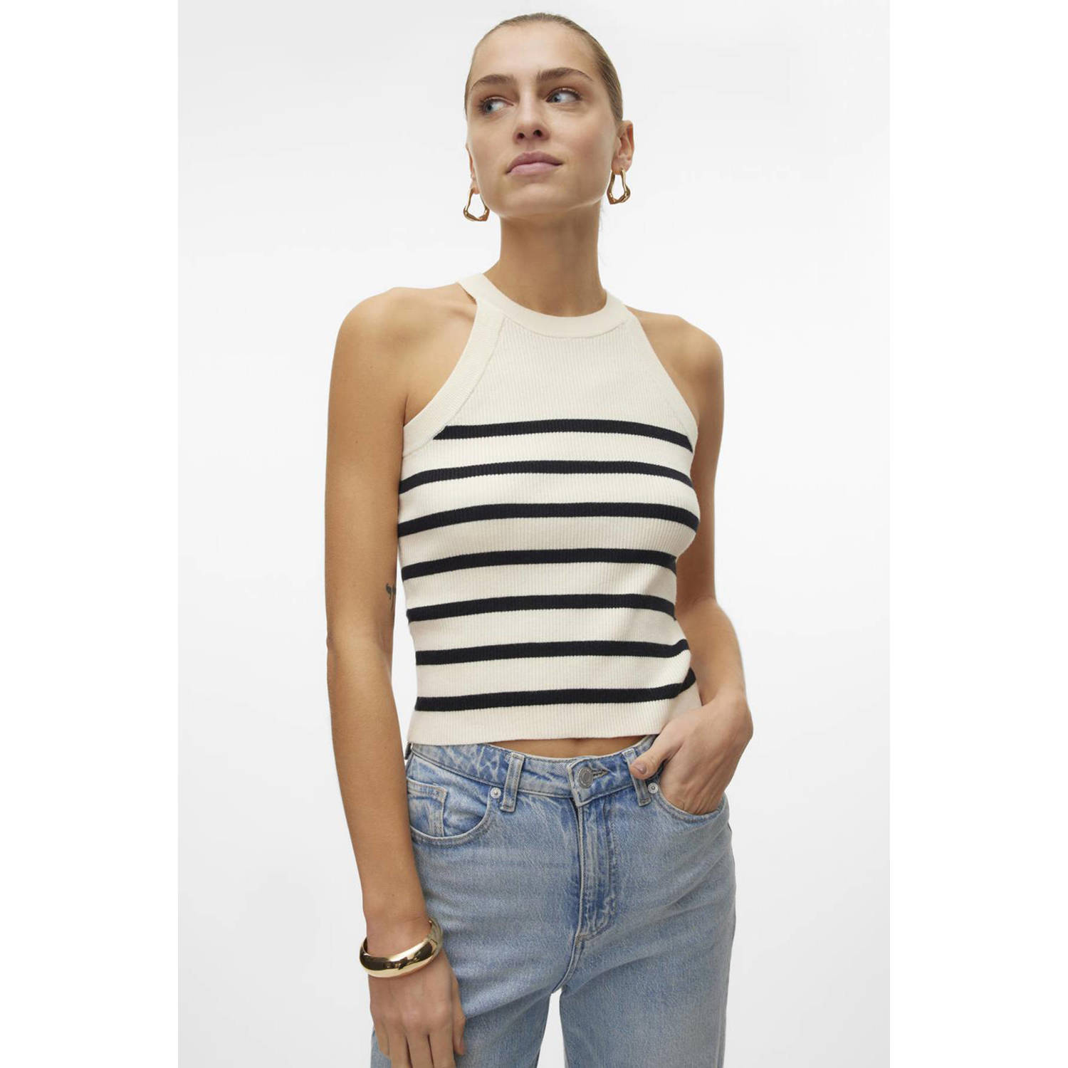VERO MODA gestreepte gebreide haltertop VMSABA creme zwart