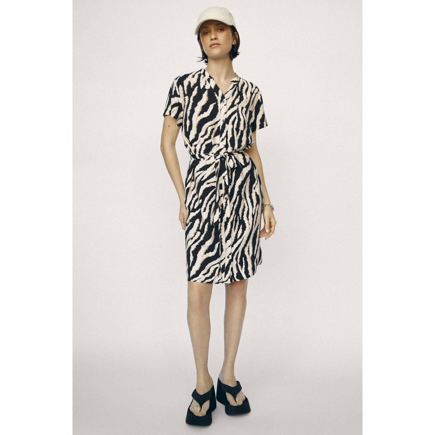 OBJECT blousejurk OBJJACIRA met zebraprint en ceintuur zwart wit