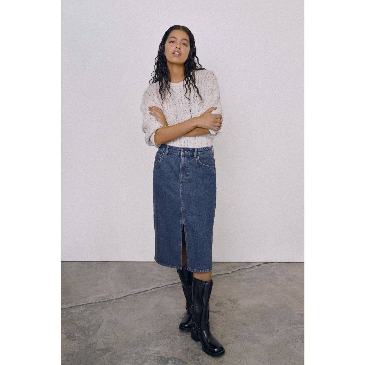 OBJECT Dames Rokken Objellen Midi Denim Skirt Donkerblauw
