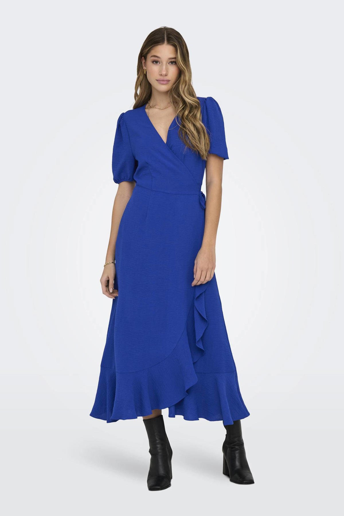 Mouw Blauwe Jurk Only ONLY Wikkeljurk ONLMETTE Blauw Wehkamp