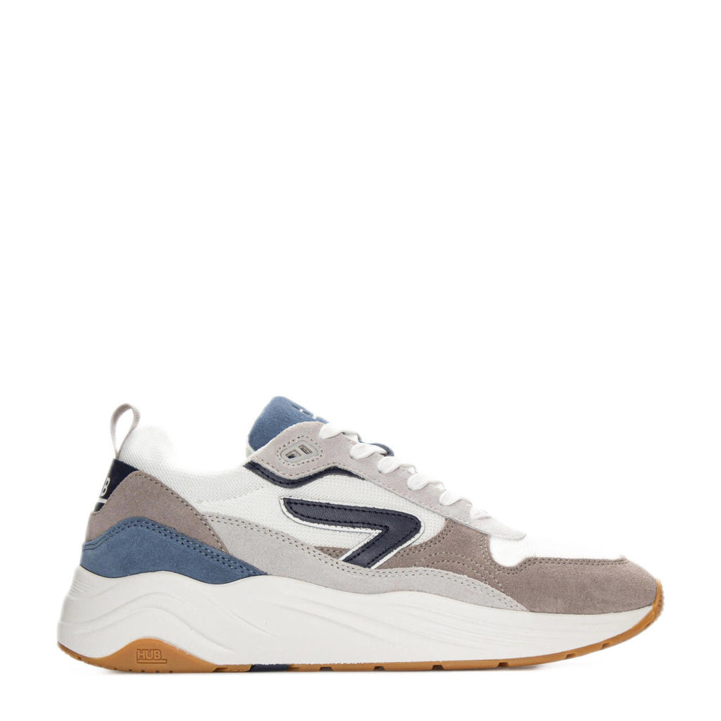 Wit, grijs en blauwe heren HUB Glide chunky suède sneakers met veters