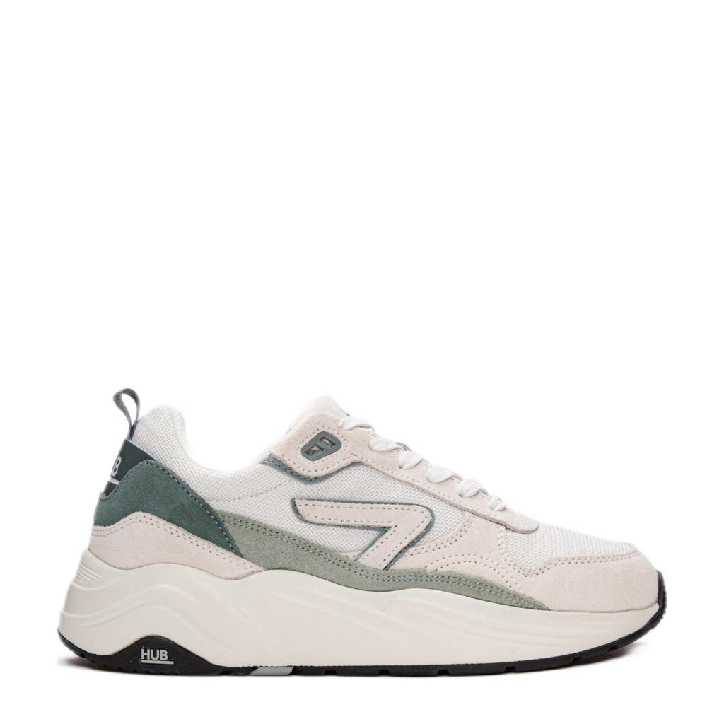 Ecru en groene heren HUB Glide chunky suède sneakers met veters