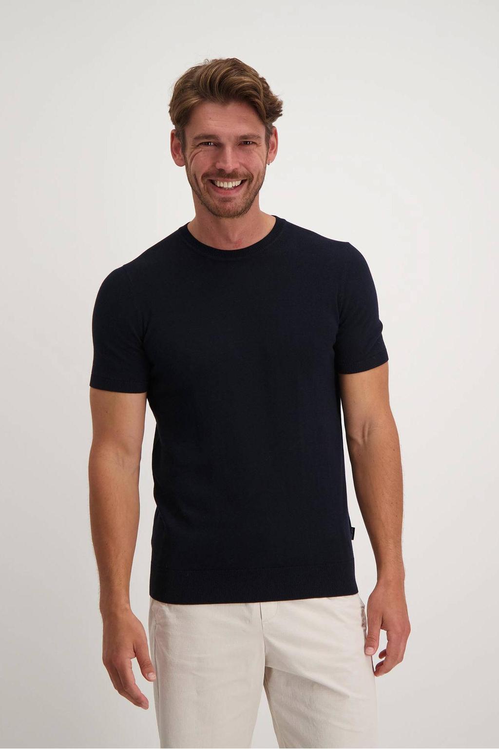 Donkerblauwe heren Saint Steve gebreid T-shirt van katoen met effen, korte mouwen en ronde hals