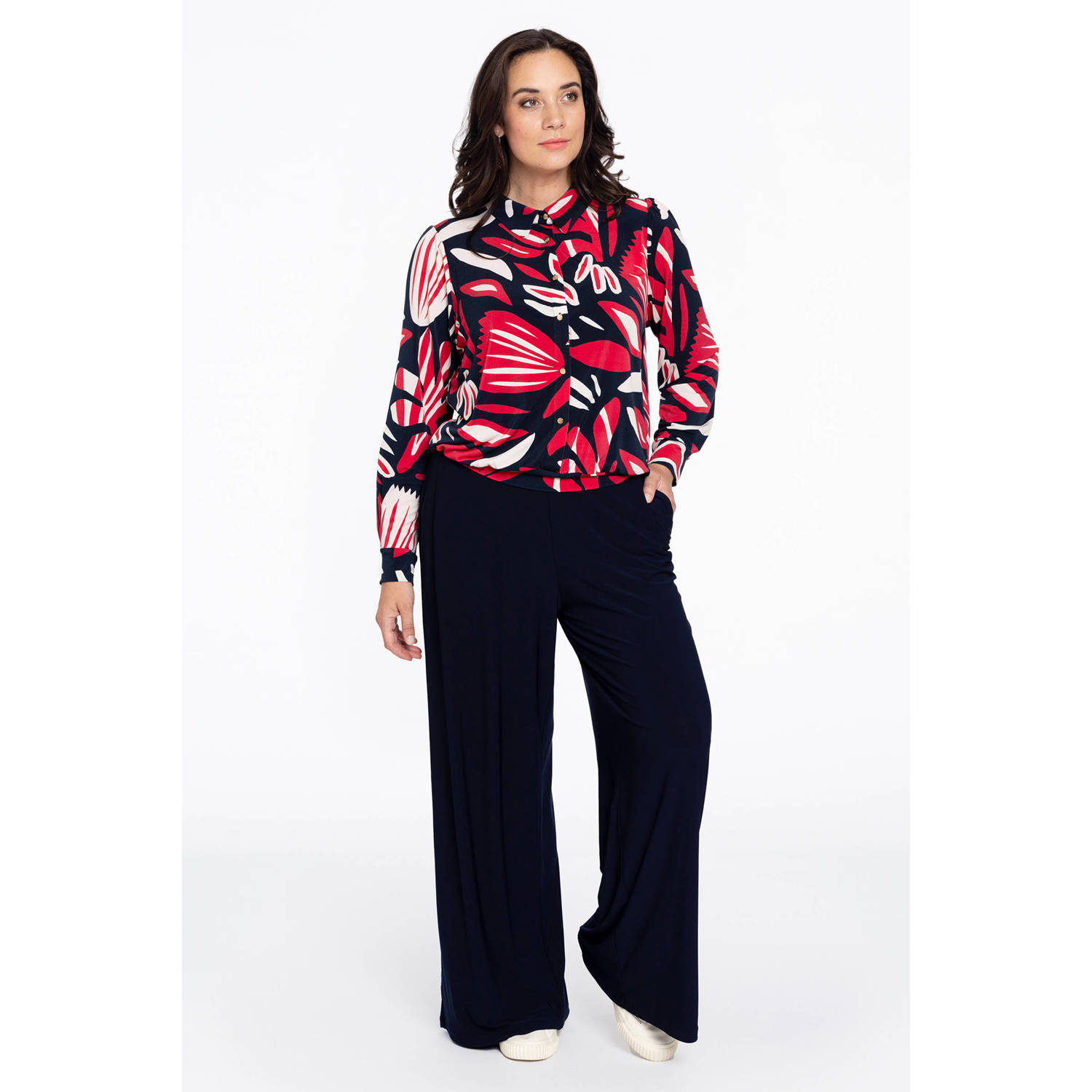 YOEK blouse DOLCE met all over print rood donkerblauw wit