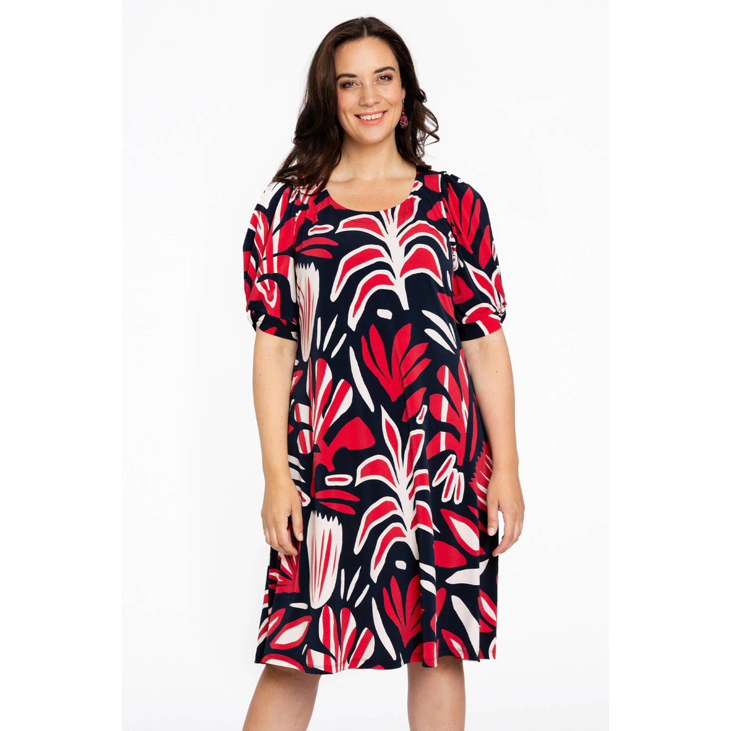 Yoek jurk DOLCE met all over print rood donkerblauw wit