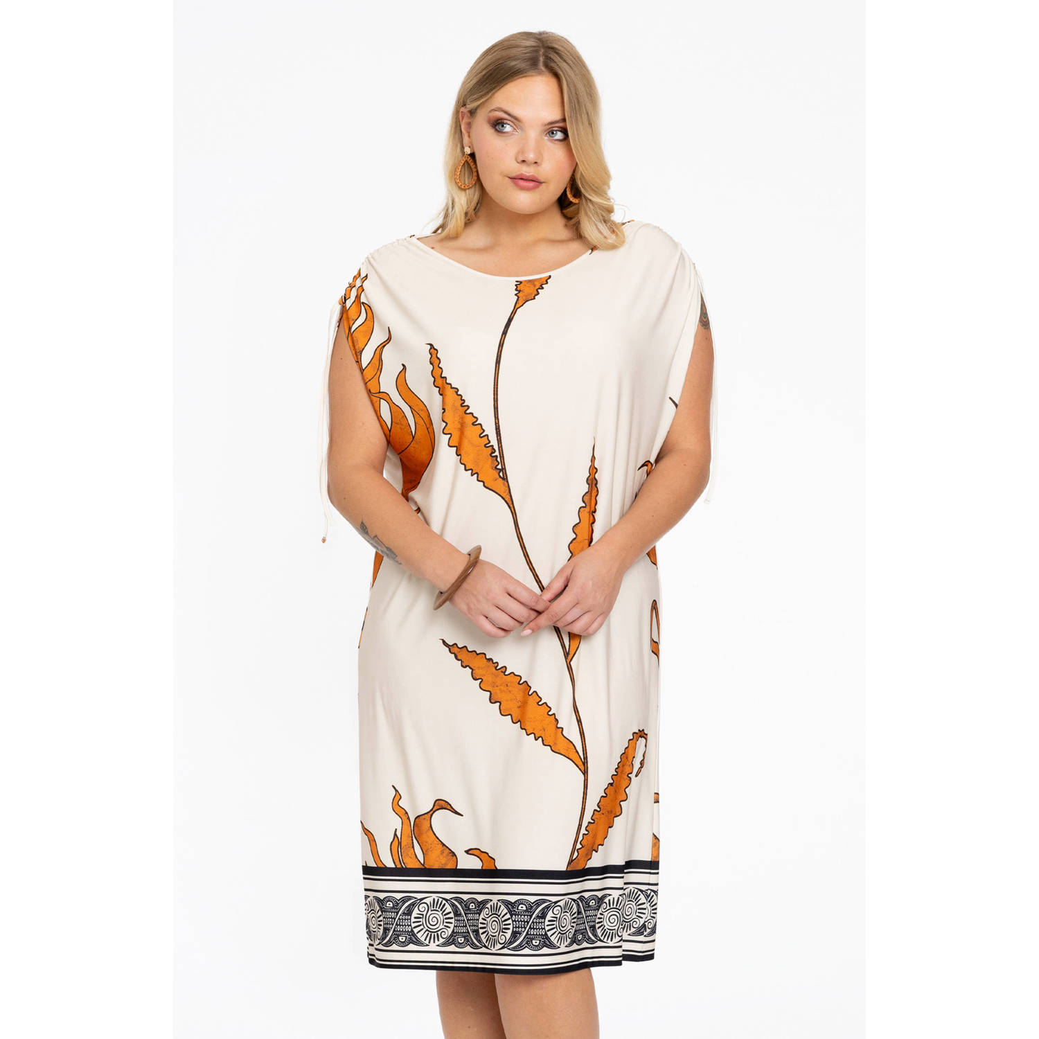 YOEK jurk DOLCE met all over print ecru oranje