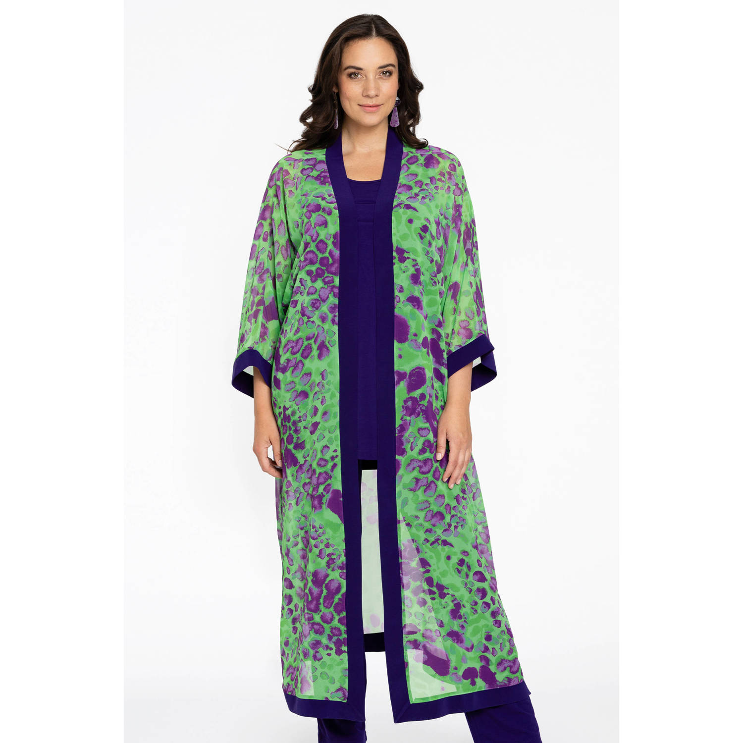 Yoek kimono met all over print groen paars