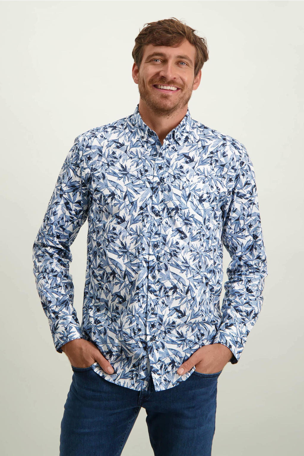Blauw, wit en donkerblauwe heren State of Art regular fit overhemd van katoen met lange mouwen, button down sluiting en knoopsluiting