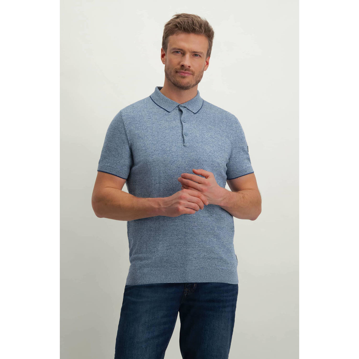 State of Art gemêleerde regular fit polo grijsblauw kobalt
