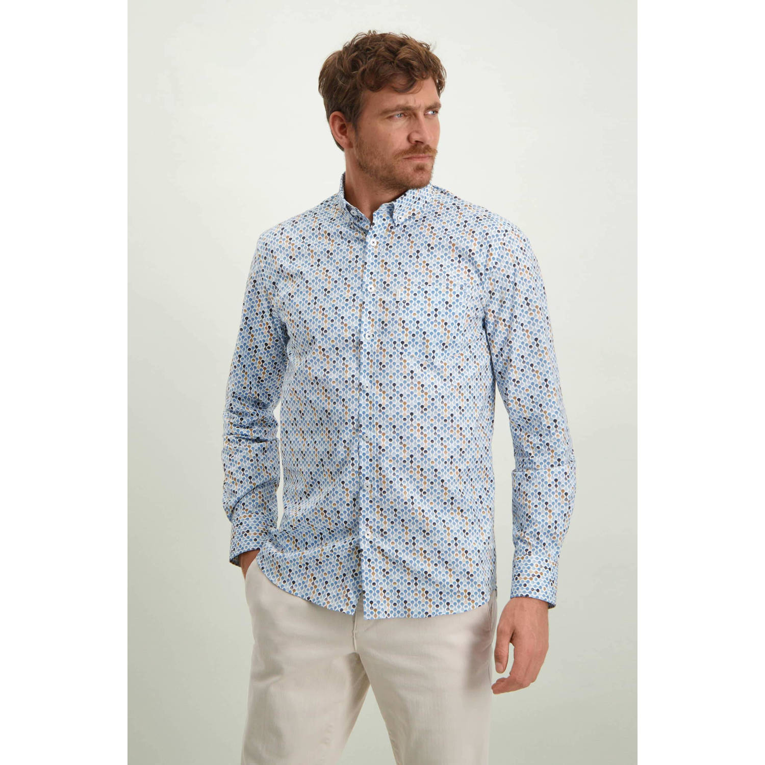 State of Art regular fit overhemd met all over print wit grijsblauw