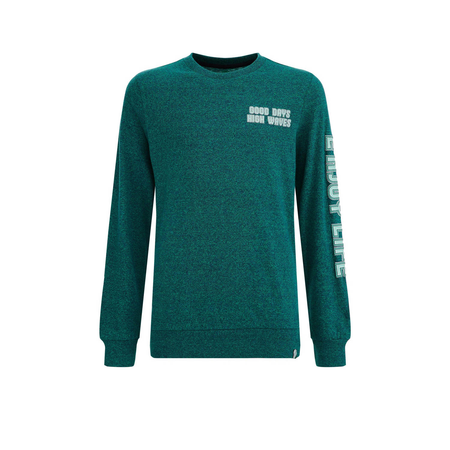 WE Fashion longsleeve met tekst groen Jongens Katoen Ronde hals Tekst 110 116