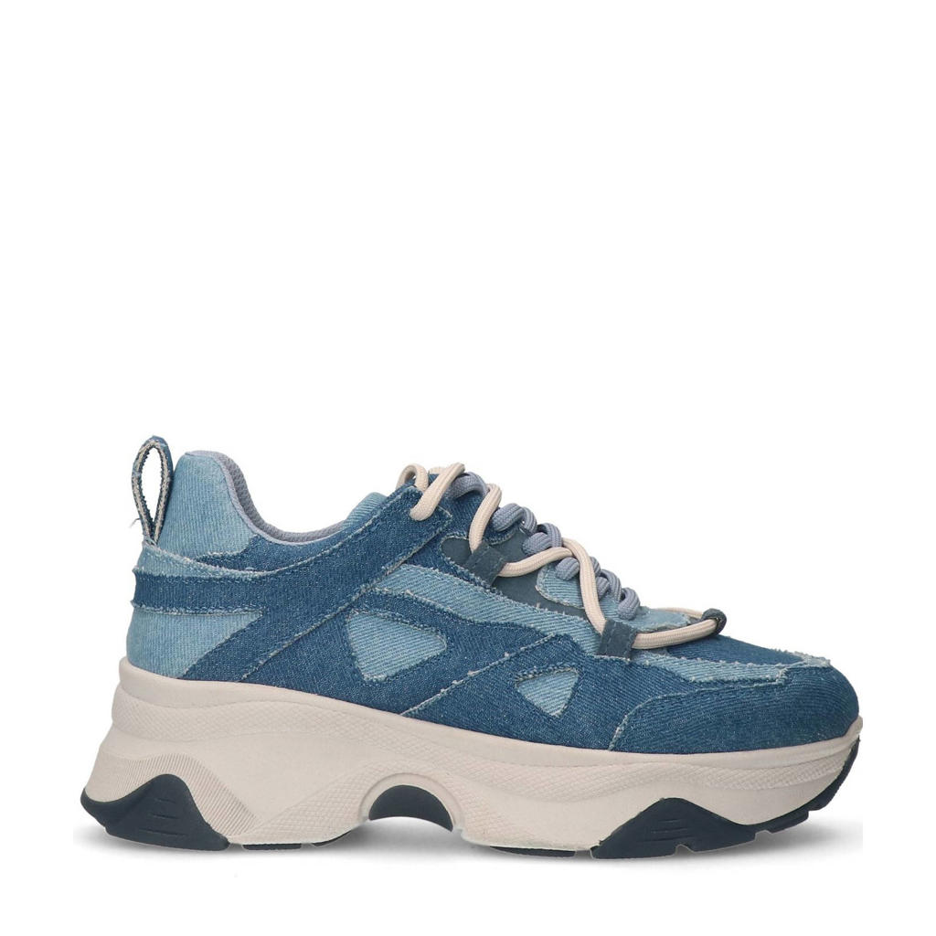 Denim en blauwe dames Sacha sneakers van denim met chunky hak en veters