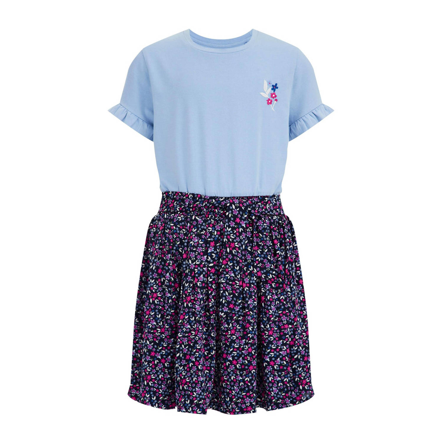 WE Fashion jurk met all over print blauw roze Meisjes Stretchkatoen Ronde hals 110 116