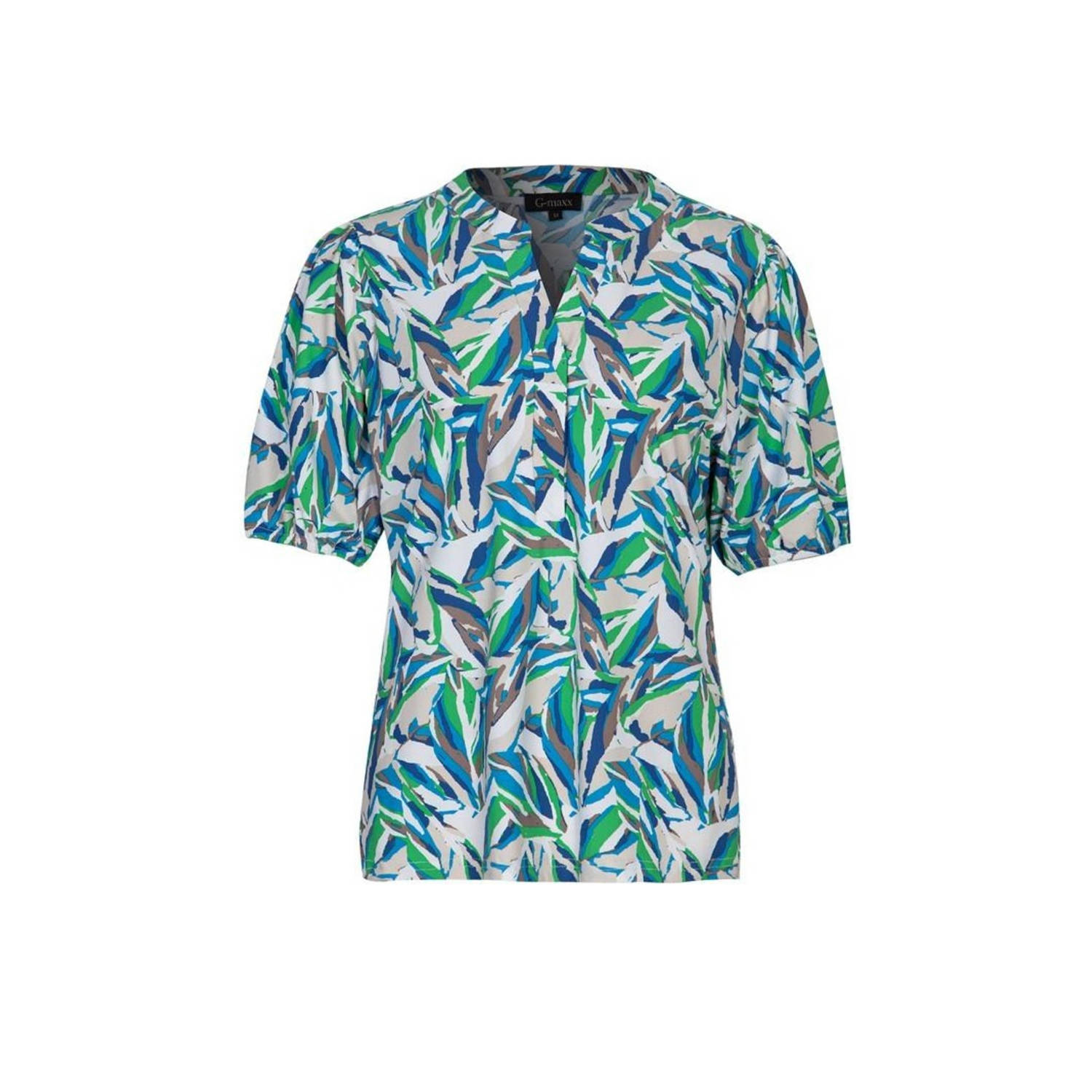 G-maxx blousetop van travelstof met all over print blauw groen beige