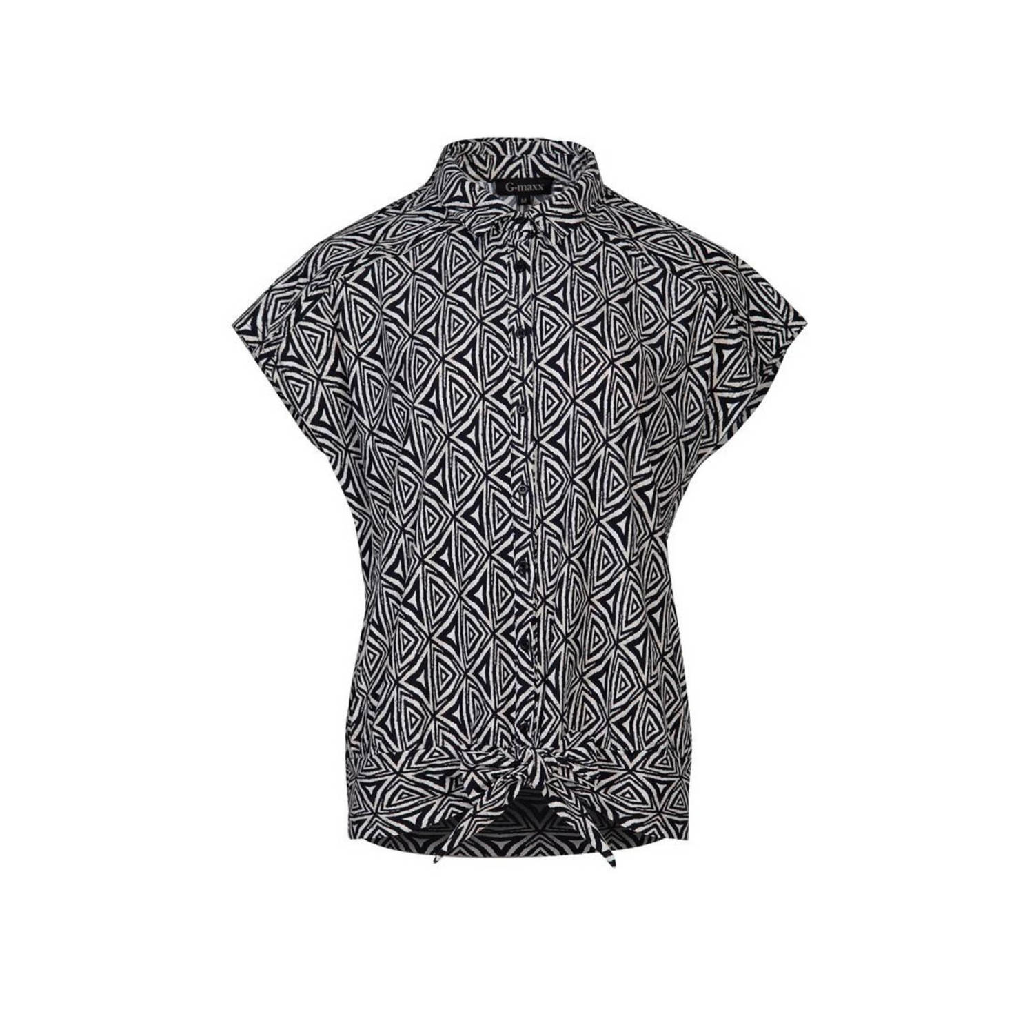 G-maxx blouse van travelstof met all over print zwart beige