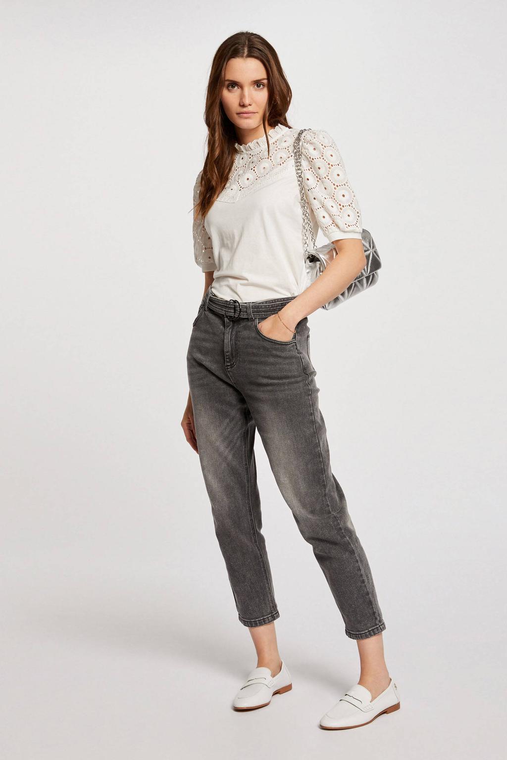 Ecru dames Morgan blousetop met effen, korte mouwen, opstaande kraag, knoopsluiting en broderie