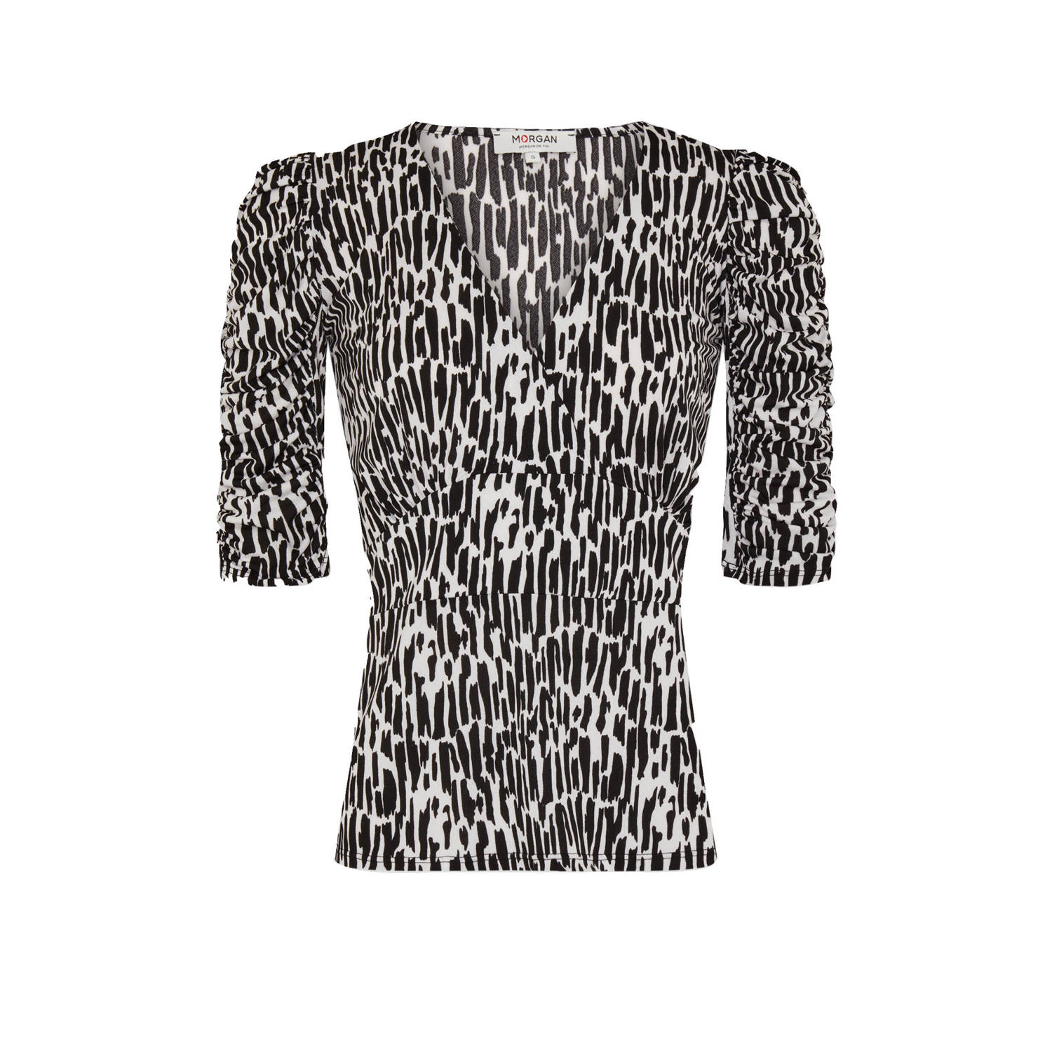 Morgan top met all over print en plooien zwart wit