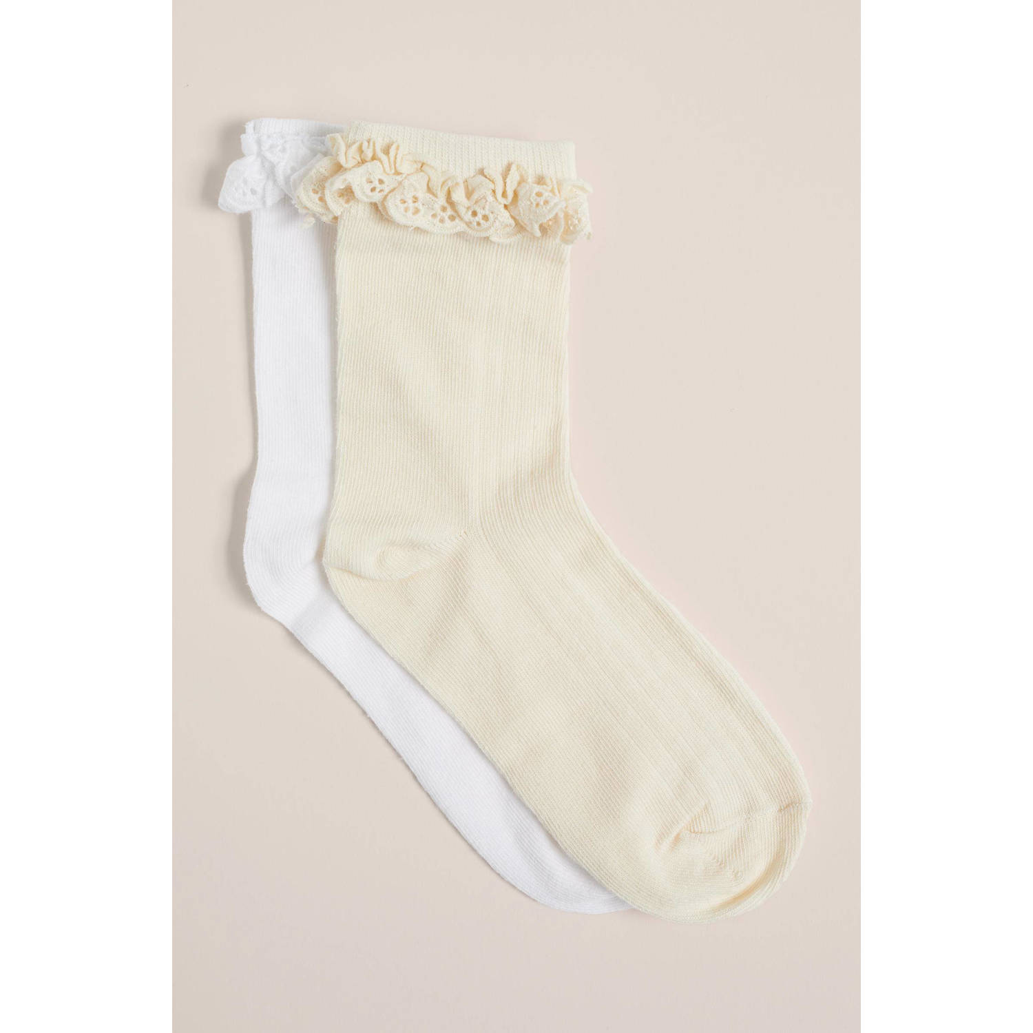 WE Fashion sokken set van 2 wit geel Katoen Effen 27 30