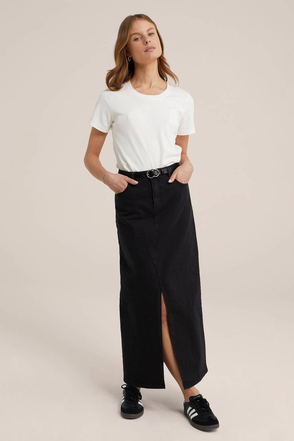 Witte dames WE Fashion T-shirt van katoen met effen, korte mouwen en ronde hals